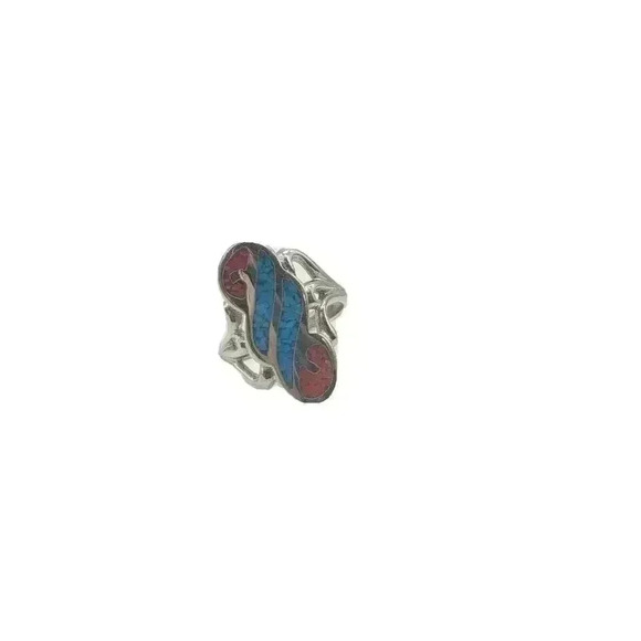 Silver Ring Native American Style Gemstone Turquoise & Coral Chips Inlaid sz 7 - Picture 3 of 8